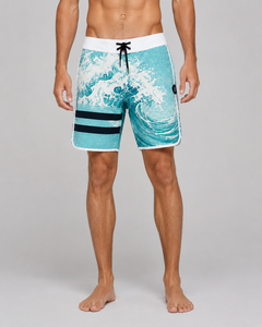 Shorts de plage imprimés pour hommes, séchage rapide, cordon de serrage, taille mi-haute, en polyester tissé, longueur courte, imprimé par transfert thermique avec bande latérale - Product Image 2