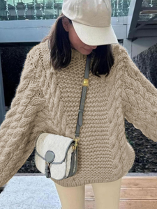Maglione Oversize da <span class=keywords><strong>Donna</strong></span> <span class=keywords><strong>Beige</strong></span> con Collo Rotondo e Lavorazione a Trecce - Product Image 6