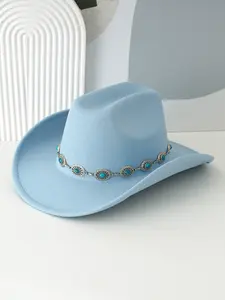 Sombrero de Vaquero de Fieltro de Moda Chic con Cinturón de Piedras Turquesas, Sombreros de Vaquero del Oeste para Mujer - Product Image 4