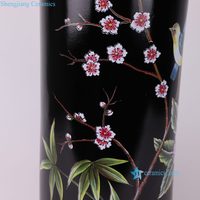 RYYL19-A Vase porte-parapluie en gros, motif floral coloré avec oiseaux sur fond noir et bordure dorée, pour la décoration intérieure et les tables d'hôtel