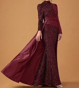 Gaun panjang pesta desain berlipat gaun warna kontras pita payet harga pabrik gaun sederhana wanita muslim abaya arab - Product Image 3