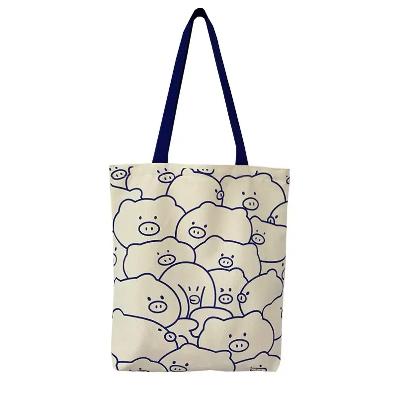 Low MOQ Eco-friendly Large Capacity Wholesale Cute Pig Full Print Cotton Canvas Shopping Tote Bag