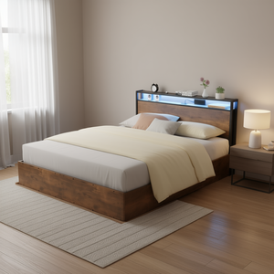 Cadre de lit avec rangement relevable Db Queen Size avec éclairage LED, lit plateforme en bois doux - Product Image 2