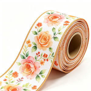 Warm Tones 100% Polyester <b>Wired</b> <b>Ribbon</b> 2 1/2" Custom Length Colorful Floral Printed Shrink-Resistant 20 Yard Roll Spring - Product Image 6