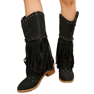 Bottines de cow-girl mi-mollet pour femmes, style western, bout pointu large, à enfiler, en cuir PU, hauteur de la cheville, bottines Chelsea avec glands - Product Image 1