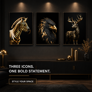 Collezione di <span class=keywords><strong>Stampe</strong></span> Artistiche Murali con Zebra, Aquila e Cervo in Nero e Oro per Soggiorno, Ufficio, Hotel, Interni Ispirati al Safari - Product Image 3