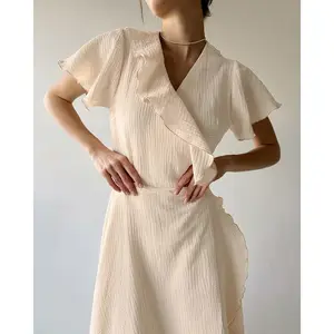 100% cotton muslin ăn mặc Ruffle ngắn tay áo lỏng vành đai eo maxi váy cotton Pajama mùa hè bãi biển mặc của phụ nữ Ăn mặc