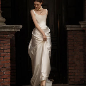 Simple Satin parole longueur <span class=keywords><strong>mariage</strong></span> soirée robe de soirée mariée invité robe robes de bal demoiselle d'honneur Maxi Robe mode tenue #17010 - Product Image 1