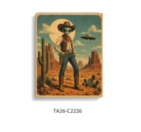 Tableau mural vintage en toile sur le thème de l'Ouest intergalactique, représentant un OVNI extraterrestre en train d'enlever un cowboy, avec décor mural de désert, cactus et fleurs