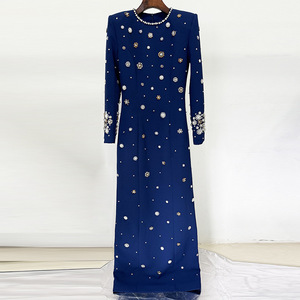 Abito <span class=keywords><strong>da</strong></span> Sera Lungo di Lusso Blu Scuro Elegante <span class=keywords><strong>da</strong></span> Donna con Perle e Strass per Feste e Cene Formali - Product Image 2