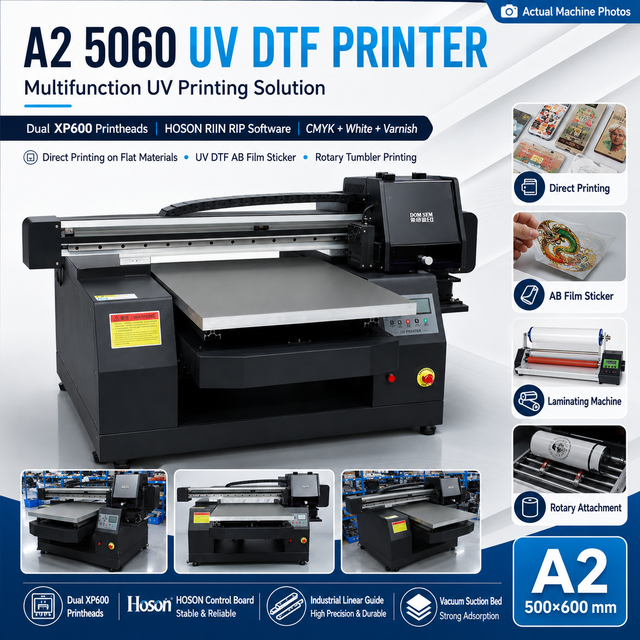 Multi-Functional A2 5060 UV DTF Printer with Dual XP600 Printheads Direct to Object Printing for Wood/PVC Cards/Metal/Glass