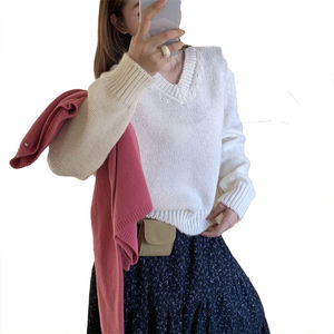 Pull en maille à col en V rétro pour femme, nouvelle collection automne 2026, style décontracté ample, manches longues, haut tendance, pull rétro à col en V - Product Image 4