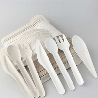 Ensemble de couverts jetables compostables en bagasse de canne à sucre (fourchette, cuillère, couteau), ensemble de couverts écologiques biodégradables avec impression personnalisée pour les plats à emporter