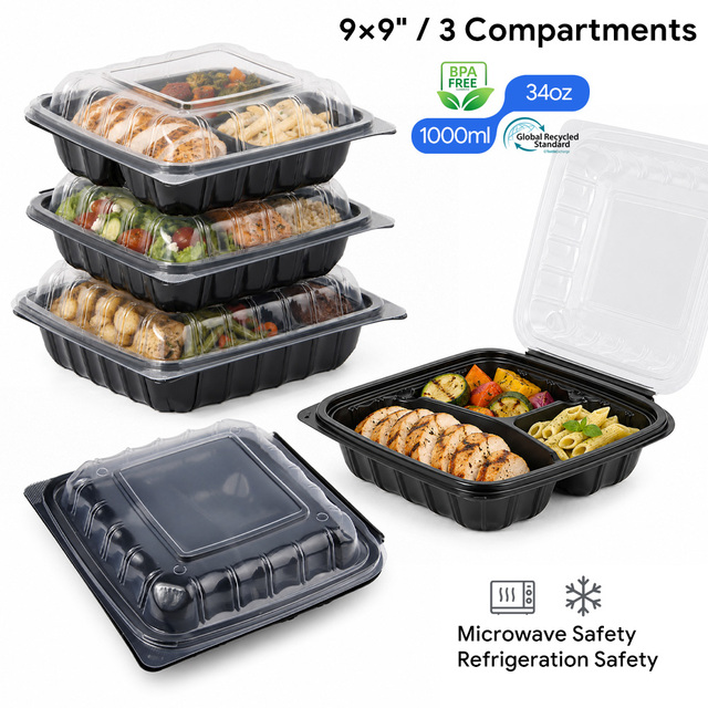 9x9 Inch PP Clamshell Lunch Box 3 Compartment Meal Prep Container Microwaveable BPA Free Disposable Food Container with Lid