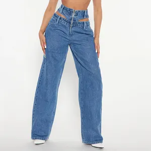 Custom Women Sexy High Rise Cut Out Waistband Straight Leg Denim Jeans