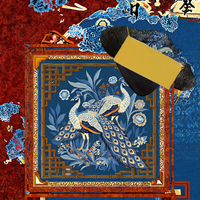 Tapis de Mahjong pliable de luxe moderne à imprimé floral paon oriental, avec cadre en bambou chinois, tapis de jeu carré décoratif
