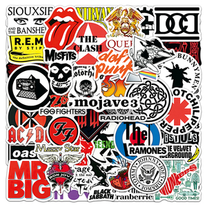 Pack de 56 autocollants classiques de groupes <span class=keywords><strong>rock</strong></span>, ACDC, Rolling Stones, Oasis, The <span class=keywords><strong>Clash</strong></span>, Black Sabbath, autocollants en vinyle découpés à la forme, imperméables - Product Image 1