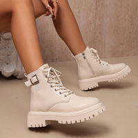 Bottines à lacets pour femmes avec boucle, fermeture éclair latérale, plateforme épaisse, bout rond, en cuir PU, style combat, noir crème