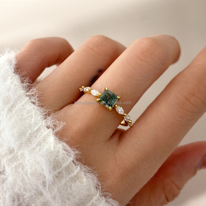 Natural Classic <b>Moss</b> <b>Agate</b> Jewelry Princess Cut Silver Plated Engagement <b>Ring</b> with Claw Setting for Women Anniversary Gift - Product Image 4