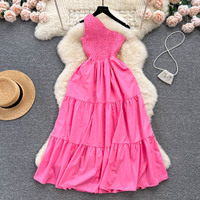 Robe longue d'été pour femme à une épaule, smockée et à volants, élégante, avec taille froncée, pour cocktail et soirée
