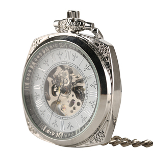 Unique Style Ancien Forme Carrée <span class=keywords><strong>Argent</strong></span> Steampunk Squelette <span class=keywords><strong>Montre</strong></span> De Poche Mécanique Avec Chaîne Pour Hommes Cadeau D'anniversaire - Product Image 3