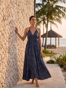 Blue Floral Print Sleeveless Floor-Length Natural V-Neck A-Line Eco-Friendly Beach Holiday Women's Silk Halter Bulk Price - Product Image 5