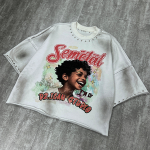 Summer Streetwear Rhinestone Oversized t Shirt Heavyweight Acid Wash Printed Tee Shirt Custom Personalized Graphic T-shirts - Product Image 3