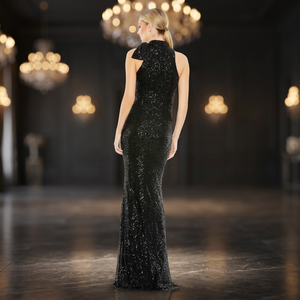 Robe de soirée élégante de luxe coupe trapèze, ornée de fleurs, de perles et de paillettes, longue et droite, idéale pour les occasions formelles - Product Image 5