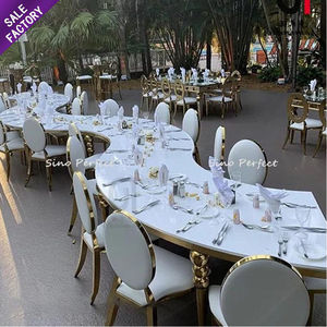 Mesa de Banquete de Alta Calidad para Fiestas, Mesa Larga con Patas de Acero Inoxidable, Forma Serpentina en Blanco y Dorado - Product Image 4