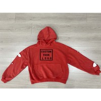 Sweat à capuche court personnalisé avec logo, effet vieilli et déchiré, style vintage, coupe oversize à épaules tombantes, en tissu gaufré double couche, délavé à la pierre