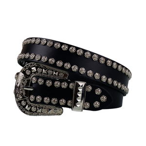 Ceinture en cuir vintage pour homme avec rivets, boucle ardillon en alliage, motif floral clouté, style Y2K Punk, pour pantalon décontracté à jambe large et taille mi-haute pour femme - Product Image 1