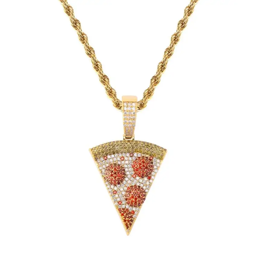 Iced Out Pizza Pendant Micro Paved Hip Hop Full Cubic Zirconia Gift Slice Chain Necklace