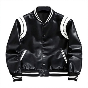 Chaqueta Varsity Negra para Hombre, Cuello Camisero, Cierre de Botón, Color Sólido, Corte Regular, para Otoño - Product Image 1