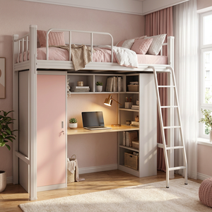 Compact Metal <strong>High</strong> <strong>Sleeper</strong> Bed with Computer Table and Safety Guardrails for <strong>Small</strong> Rooms - Product Image 2