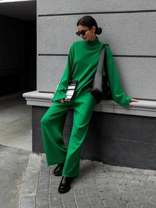 <span class=keywords><strong>Pantaloni</strong></span> Vintage lavorati a maglia da <span class=keywords><strong>donna</strong></span> set di <span class=keywords><strong>pantaloni</strong></span> larghi a tinta unita completi maglione irregolare Pullover abiti Casual per l'autunno - Product Image 2