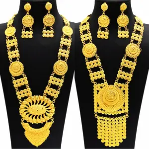 두바이 인도 목걸이 귀걸이 큰 펜던트 보석 세트 골드 컬러 여성용 나이지리아 아프리카 신부 웨딩 파티 보석 선물
