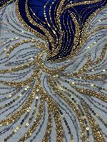 Tissu en dentelle K/C noir velours à motifs plumes et paillettes dorées pour robe de mariée africaine Aso Ebi et Abaya musulmane