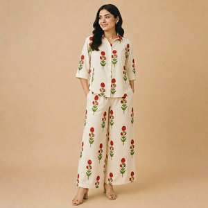 Conjunto de Lujo 100% Algodón Tejido para Mujer, Camisa con Botones y Pantalones Anchos, Conjunto de Dos Piezas con Estampado Floral Premium - Product Image 1