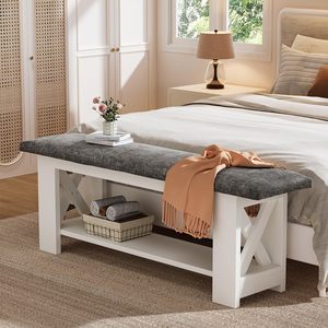 Banco Tapizado Estilo Rústico Tribesigns <span class=keywords><strong>de</strong></span> 47 Pulgadas, Otomana para <span class=keywords><strong>Pie</strong></span> <span class=keywords><strong>de</strong></span> <span class=keywords><strong>Cama</strong></span> con Asiento Acolchado y Estante <span class=keywords><strong>de</strong></span> Almacenamiento, Blanco Gris - Product Image 1