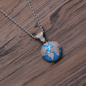 สร้อยคอจี้รูปโลกสีน้ำเงินเคลือบเงา, เครื่องประดับโซ่ทองแดงประดับเพชร CZ สไตล์ฮิปฮอป - Product Image 6