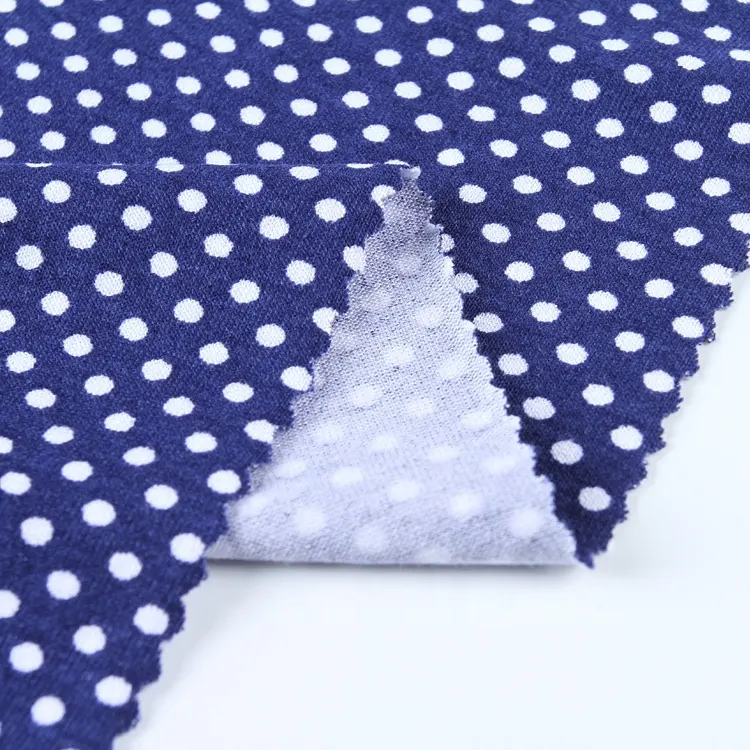 Custom knit printed limoges blue rayon stretch white polka dot spandex fabric for dress