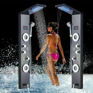 Modern Black Stainless Steel <strong>Shower</strong> Panel Tower <strong>System</strong> with Rainfall Waterfall LED Light Digital Display Massage Jets Handshower - Product Image 3