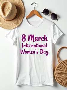 T-shirt unisex con stampa viola per la Giornata Internazionale della Donna del 8 marzo, casual, girocollo, vestibilità regolare, maglietta di tendenza per la primavera - Product Image 1