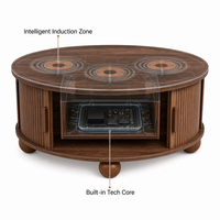 Table basse ronde moderne avec plateau relevable et rangement dissimulé, design cannelé, table centrale en bois pour salon, mobilier intelligent