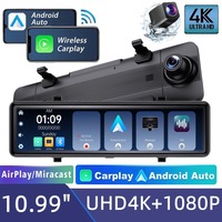 C7 4K Dash Cam dengan Wireless CarPlay Android Auto 10.99 Inch IPS Smart Mirror Depan 4K Belakang HD WiFi Perekam DVR Mobil