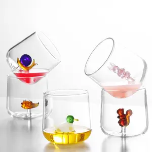 Desain Baru Lucu Tema Hewan Cangkir Kaca Borosilikat Berwarna Ditiup Tangan untuk Minum