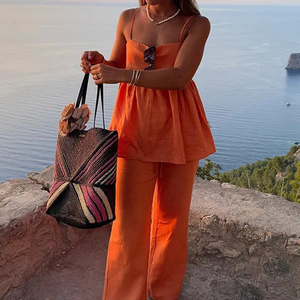 Completi Estivi <span class=keywords><strong>Eleganti</strong></span> da Donna All'ingrosso: Top Corto a Canotta Traspirante a Tinta Unita e <span class=keywords><strong>Pantaloni</strong></span> a Gamba Larga a <span class=keywords><strong>Vita</strong></span> <span class=keywords><strong>Alta</strong></span> - Set Casual da Donna - Product Image 2