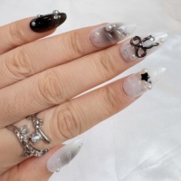 Faux ongles à presser en amande, noir, blanc, argent, nœud 3D, étoile, perle, gemme, brillants, vente en gros, étiquette privée personnalisée