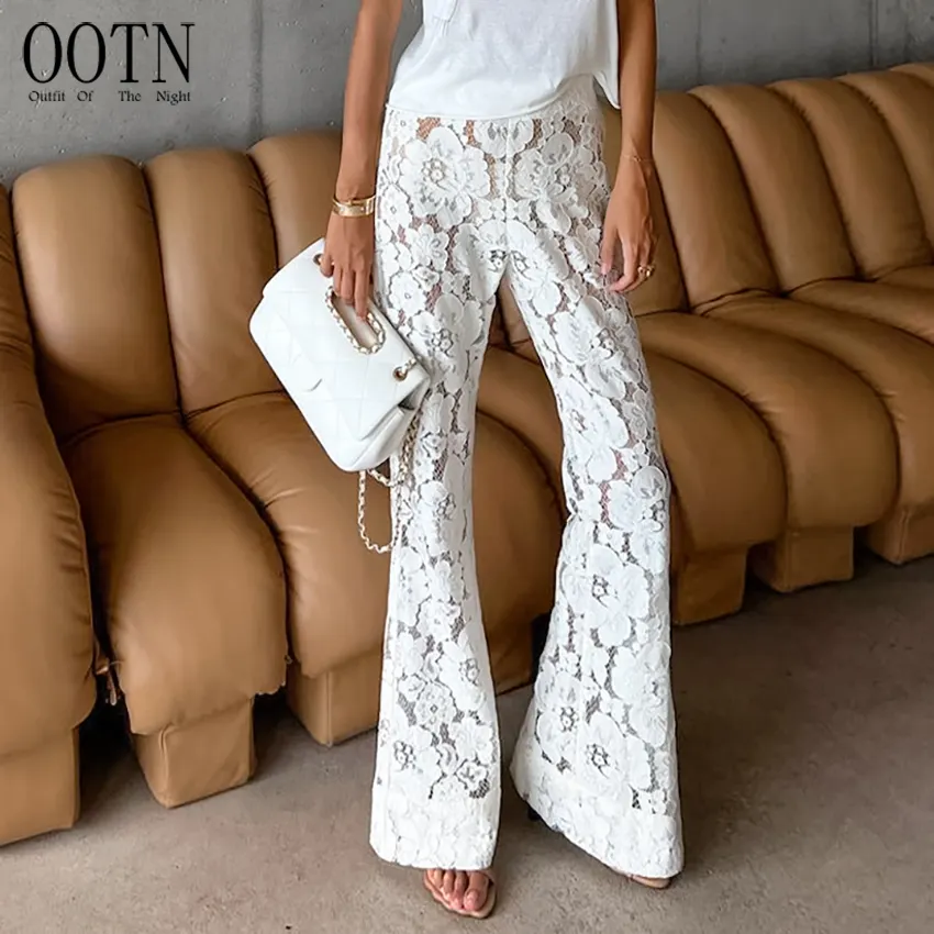 OOTN bianco stampato a vita alta a gamba dritta da donna Patchwork HOIIOW pantaloni estivi in pizzo trasparente