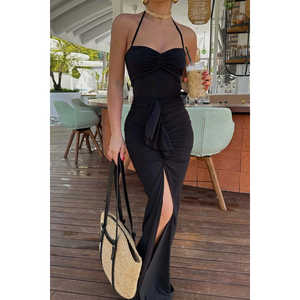 Conjunto Formal Casual de 2 Piezas Zayla Negro, Falda Larga y Top Corto de Verano, Talla XS, Tejido de Punto Sólido - Product Image 3